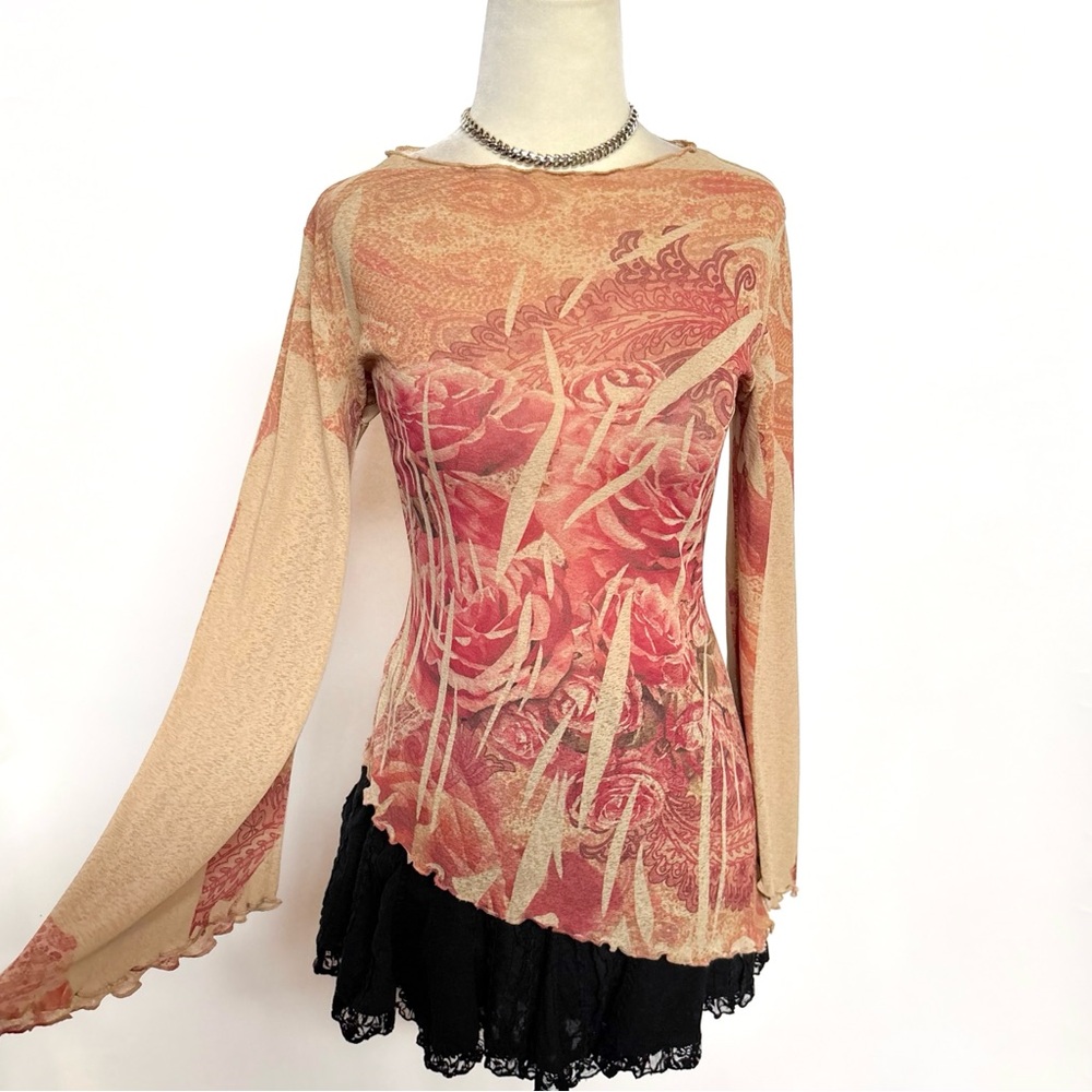 Vintage 1990’s Y2k Pretty Good Tan Mesh Floral Bell Sleeve Top S M